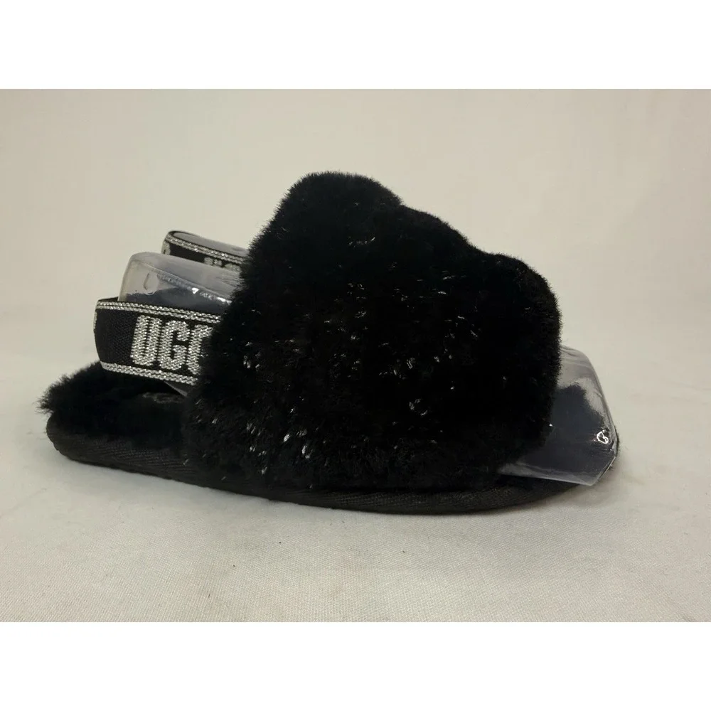 Ugg Fluff Yeah Black Sparkle L Slip On Slide Platform Sandal Girls Size 10